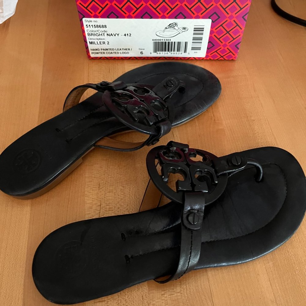 Tory Burch Navy Blue Miller Sandals With Lucite Logo Emblem